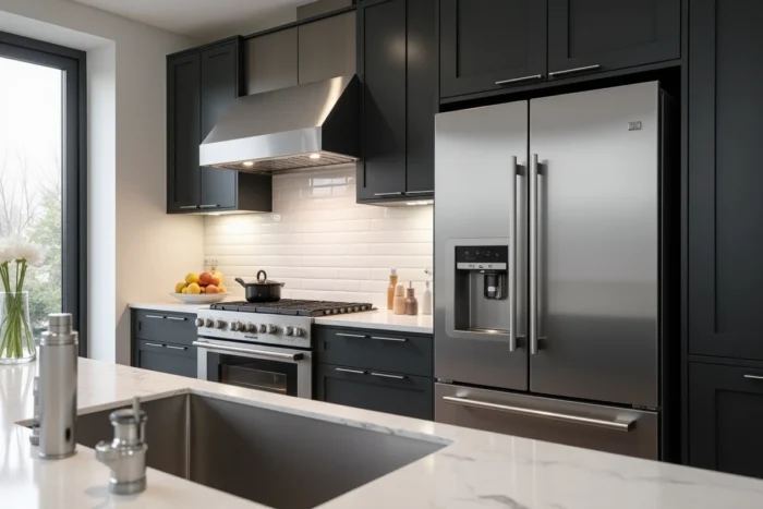 Cuisine moderne équipée avec électroménager haut de gamme, four encastré et réfrigérateur porte française