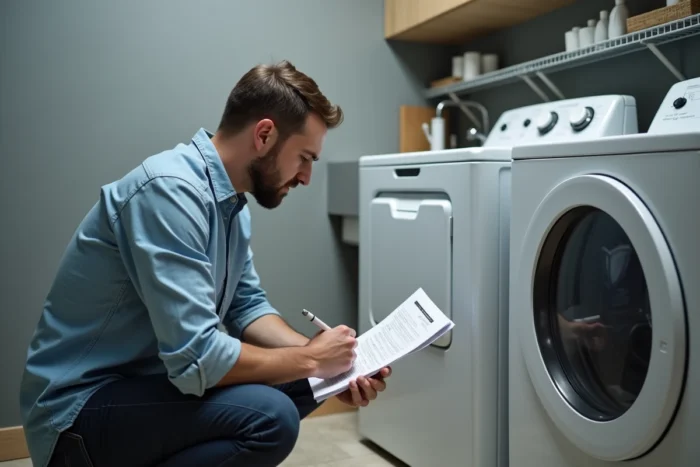 Homme consultant le manuel d'utilisation d'un sèche-linge Whirlpool pour résoudre un dysfonctionnement