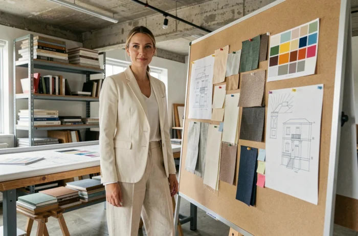 Designer d'intérieur professionnelle présentant un moodboard avec échantillons de matières et palettes de couleurs dans un studio de design contemporain