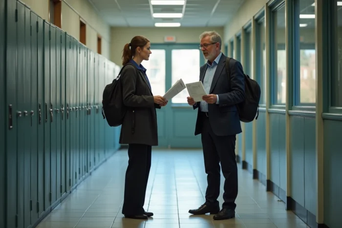 Deux enseignants discutant des modalités de paiement et des nouveautés du pacte enseignant 2025 dans un couloir d'école