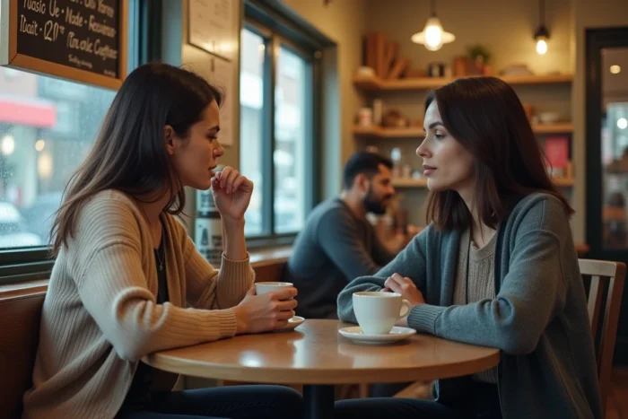 Deux femmes discutant dans un café, illustrant les différences entre maman célibataire et mère isolée dans leur vécu quotidien