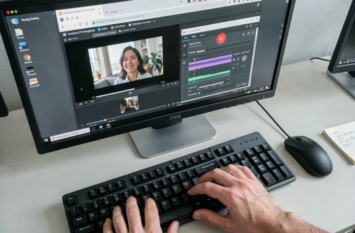 Écran Windows affichant un logiciel d'enregistrement vidéo et un navigateur internet avec une vidéo en pause