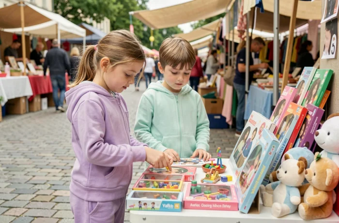 Deux enfants en tenue loungewear coordonnée découvrant des jouets tendance sur un marché extérieur animé en 2024