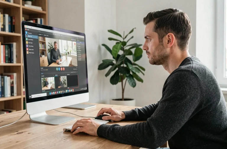 Homme utilisant un logiciel d'enregistrement d'écran sur ordinateur Windows pour capturer une vidéo depuis internet