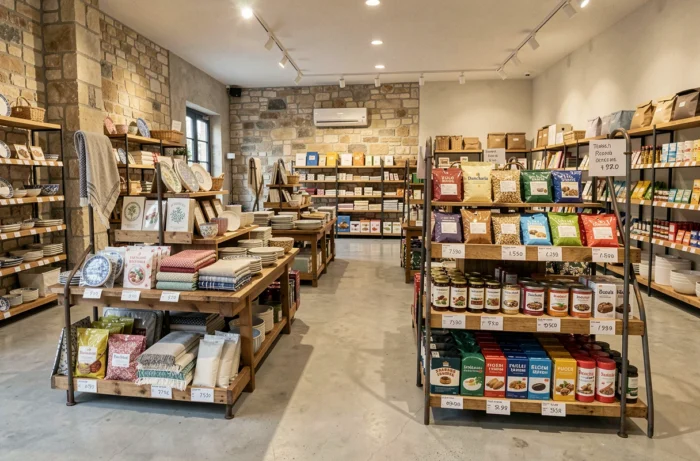 Vue d'ensemble de l'entrée du nouveau magasin de Dancharia avec ses produits frontaliers franco-espagnols
