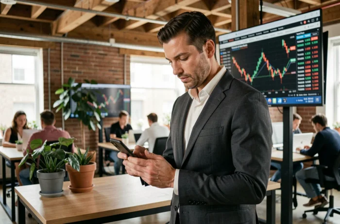 Entrepreneur consultant les actualités économiques sur smartphone dans un espace de coworking moderne avec données boursières en arrière-plan