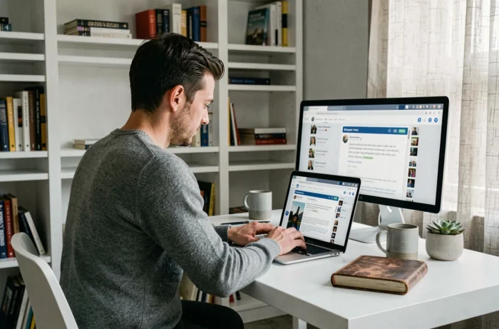 Entrepreneur travaillant seul sur la communication digitale de son entreprise depuis un bureau à domicile minimaliste