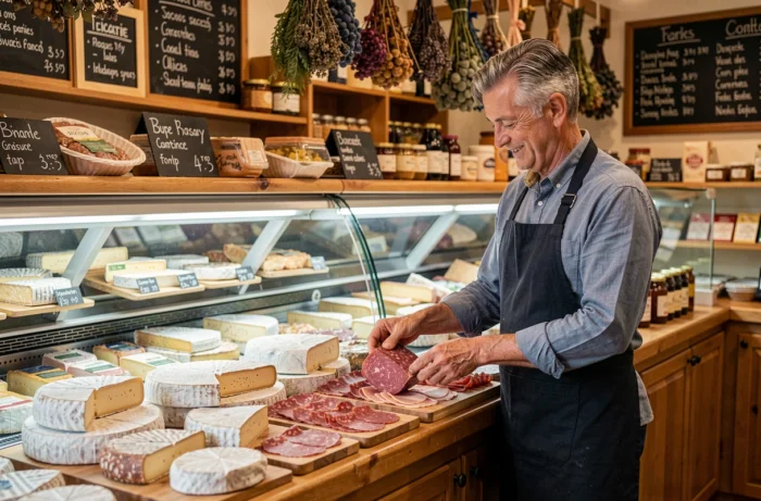 Commerçant présentant une sélection de fromages et charcuteries basques au comptoir du magasin de Dancharia