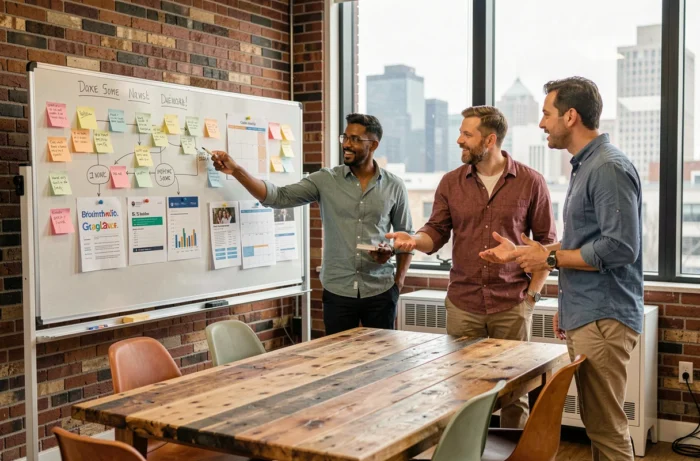 Équipe de professionnels collaborant sur une stratégie de communication digitale autour d'un tableau blanc en agence créative