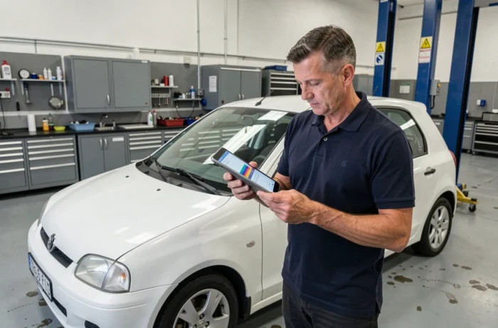 Expert automobile vérifiant le rapport de contrôle d'une voiture d'occasion dans un garage professionnel