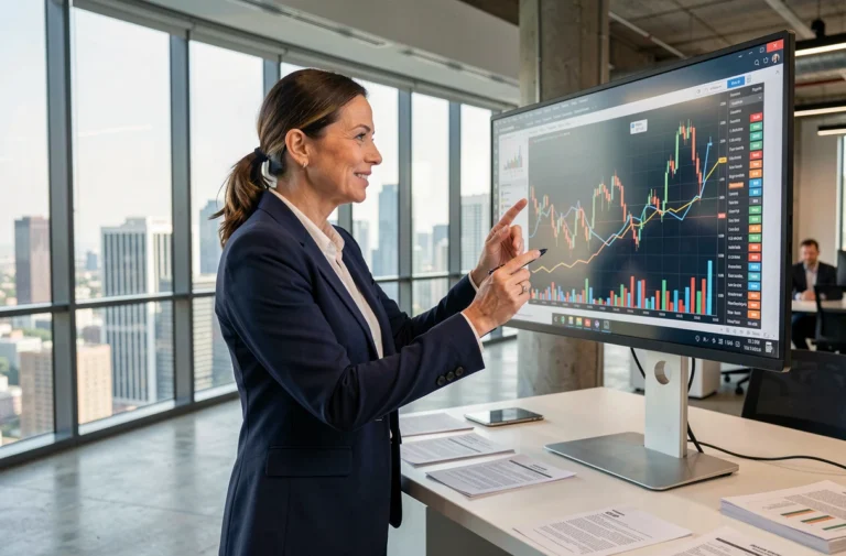 Femme d'affaires analysant des graphiques financiers sur écran tactile dans un bureau moderne avec vue sur la ville en 2024