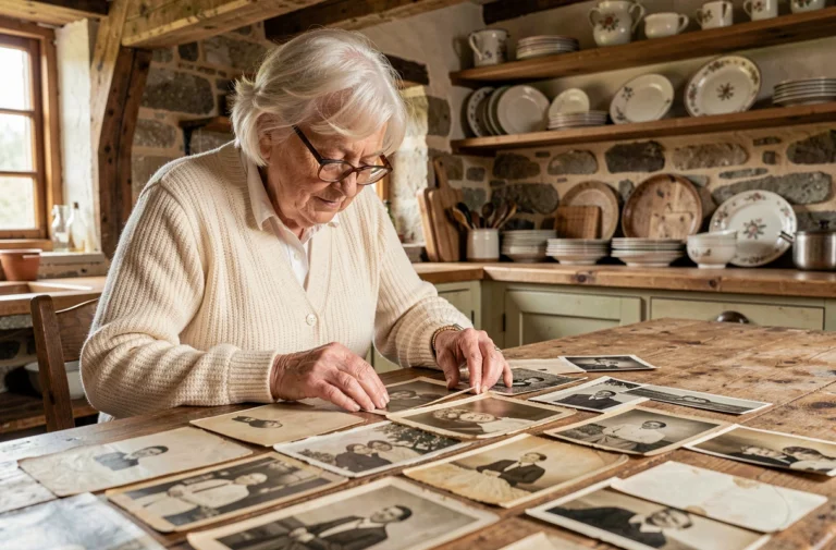 Une femme âgée examine d'anciennes photographies de famille étalées sur une table en bois rustique dans une cuisine de ferme