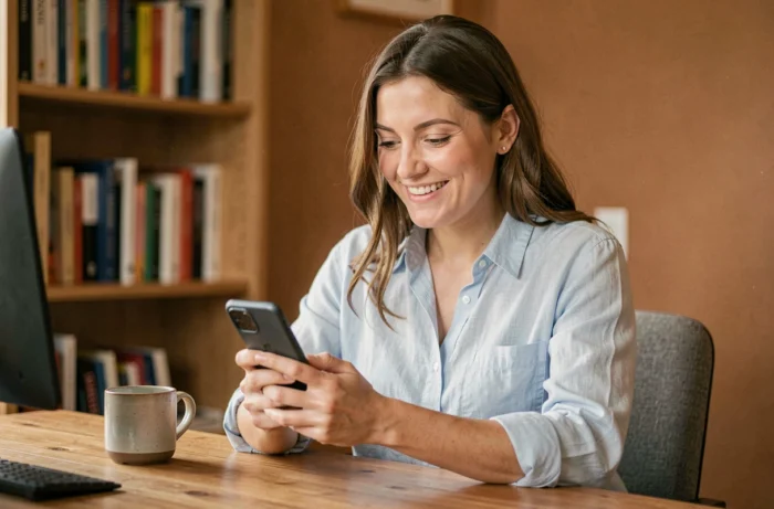 Femme utilisant l'application de rencontres Pucker Up sur son smartphone dans un bureau à domicile confortable