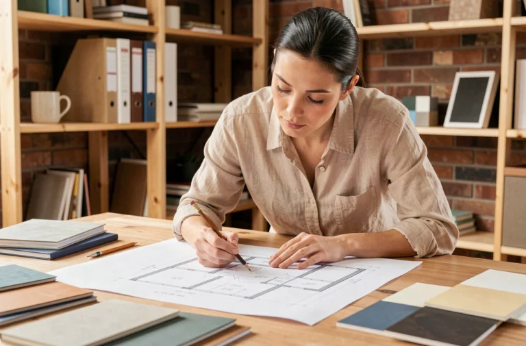 Femme architecte étudiant des plans de maison sur une grande table en bois avec des échantillons de matériaux