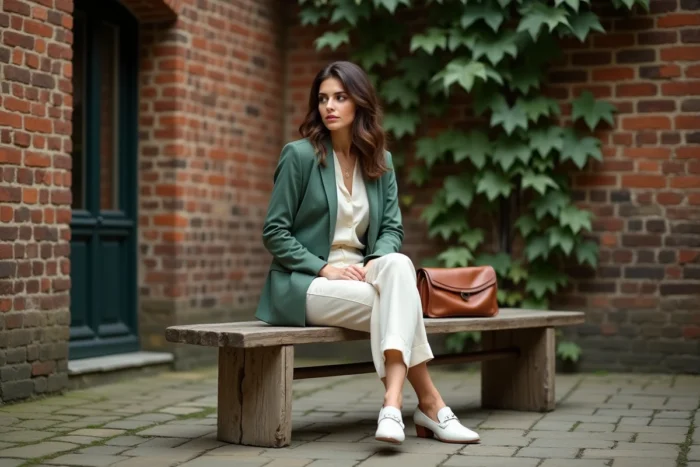 Femme en blazer vert sauge et pantalon crème assise dans une cour urbaine aux murs de briques, style mode contemporain