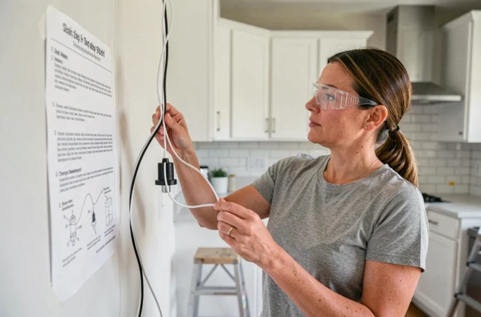 Femme consultant une notice de branchement en tenant un luminaire avec fils blanc et noir dans une cuisine moderne