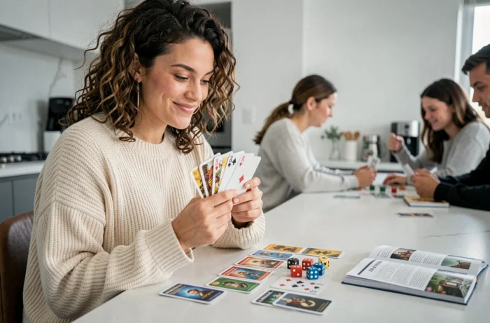 Femme adulte souriante tenant des cartes à jouer lors d'une soirée jeux moderne