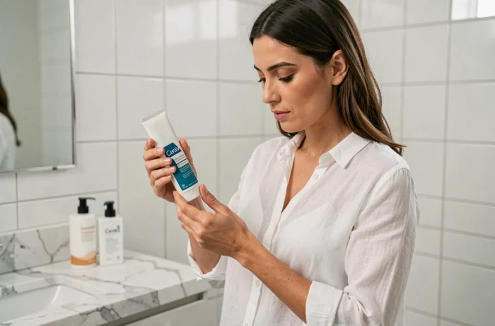 Femme examinant un tube de CeraVe dans une salle de bain moderne, questionnant la marque et son appartenance à L'Oréal