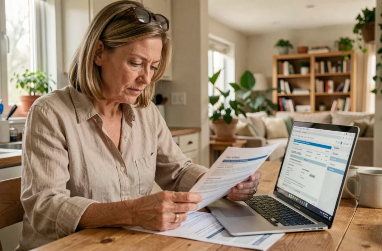 Femme comparant des offres de mutuelle santé sur ordinateur portable avec des documents papier sur une table en bois