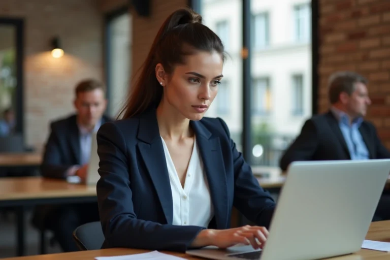 Femme professionnelle révisant son CV dans un espace de coworking parisien moderne pour optimiser sa recherche d'emploi