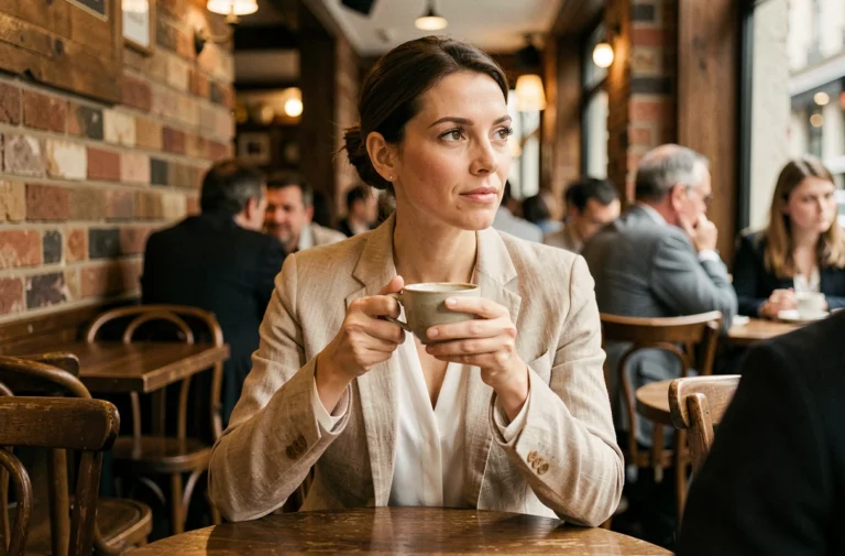 Femme élégante dans un café parisien tenant un café, évoquant l'intimité et la confidence dans un couple