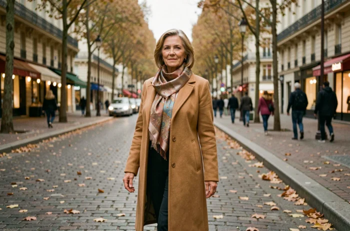 Femme élégante en manteau camel marchant sur un boulevard parisien en automne, allure sophistiquée et naturelle