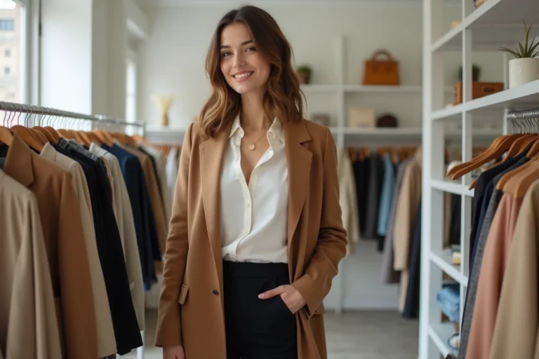 Femme élégante en manteau camel feuilletant des vêtements tendance dans une boutique parisienne minimaliste