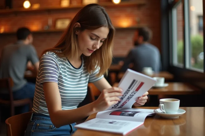 Femme consultant un guide des tailles Tommy Hilfiger dans un café pour choisir la bonne coupe