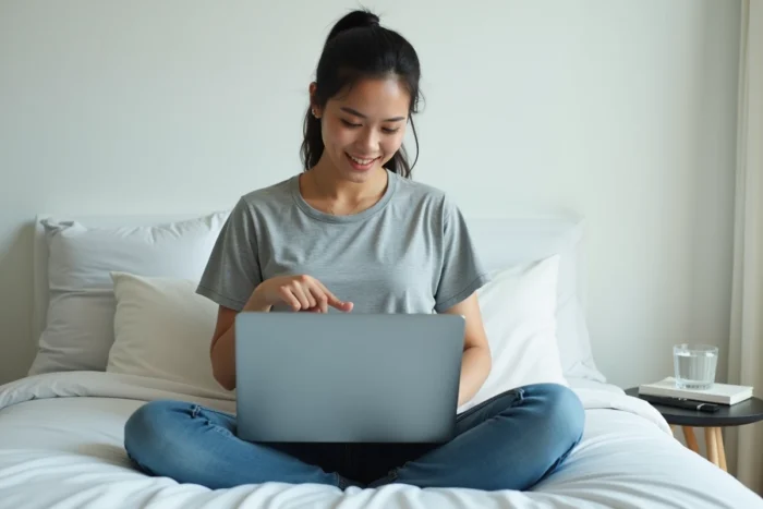 Femme utilisant un laptop pour installer un jeu vidéo via un repack sur son ordinateur portable