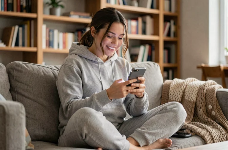 Jeune femme jouant à un jeu en ligne sur smartphone dans un salon moderne et cosy