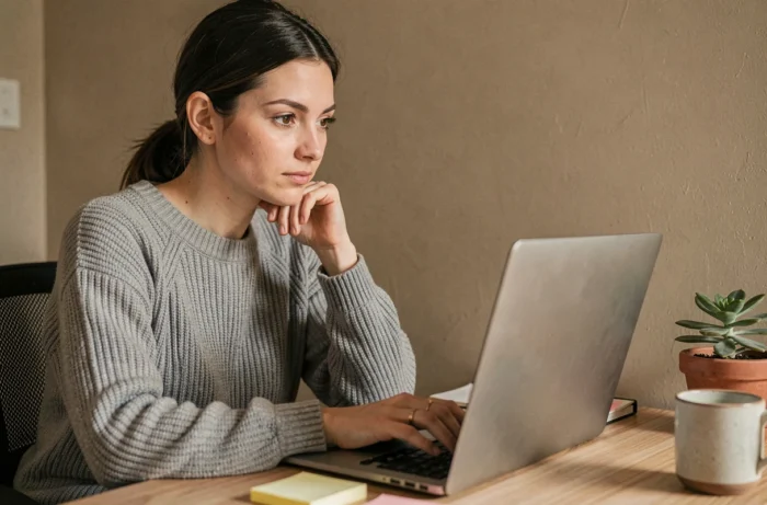 Femme jouant à Cemantix sur un ordinateur portable dans un bureau à domicile chaleureux