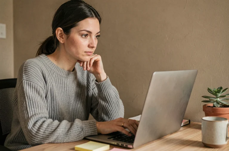 Femme jouant à Cemantix sur un ordinateur portable dans un bureau à domicile chaleureux