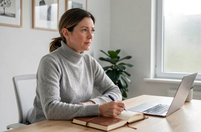 Femme pensive écrivant dans un journal intime dans un bureau minimaliste, illustrant la confidence et la préservation de la vie privée dans un couple