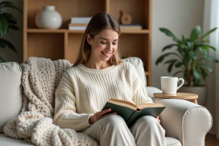 Femme lisant un livre dans un salon scandinave cosy, illustrant une routine de bien-être et de détente au quotidien