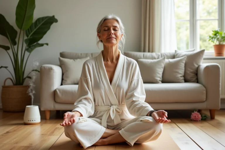 Femme d'âge moyen pratiquant la méditation chez elle en robe de coton, dans un salon naturel et apaisant, illustrant les bienfaits du mode de vie naturiste au quotidien