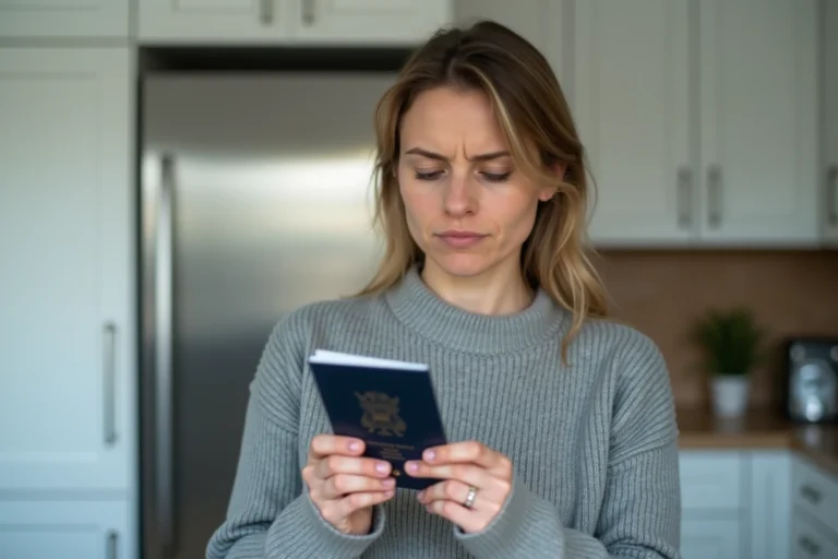 Femme tenant un passeport biométrique dans une cuisine moderne, interrogeant sa conservation au réfrigérateur