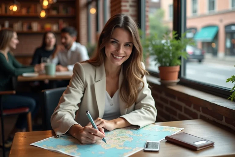 Femme planifiant un voyage dans un café avec une carte et un smartphone affichant une application de réservation de vols