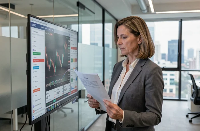 Femme professionnelle examinant un rapport financier devant un tableau de bord d'investissement en ligne, questionnant le choix d'eToro pour ses placements