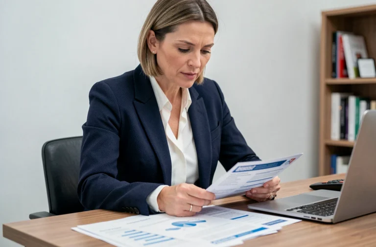 Femme professionnelle analysant des documents financiers et de santé dans un bureau moderne