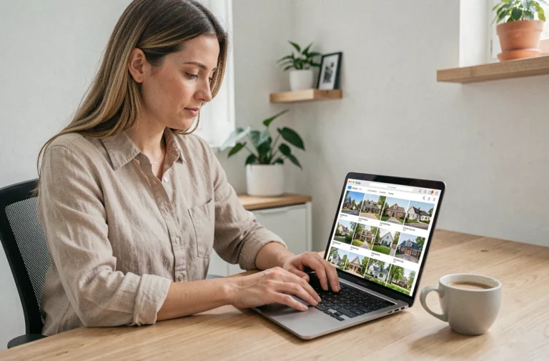 Femme parcourant des offres immobilières en ligne sur un ordinateur portable dans un bureau à domicile moderne