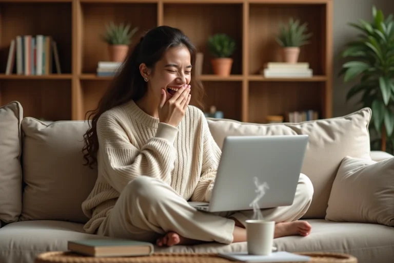 Jeune femme hilare devant son ordinateur portable regardant des vidéos insolites sur internet