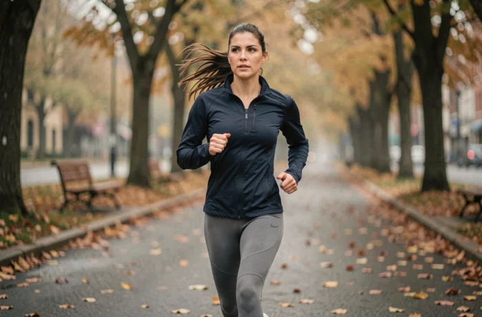 Femme en tenue de sport qui court sur un chemin urbain entouré d'arbres en automne, illustrant la passion du running au quotidien