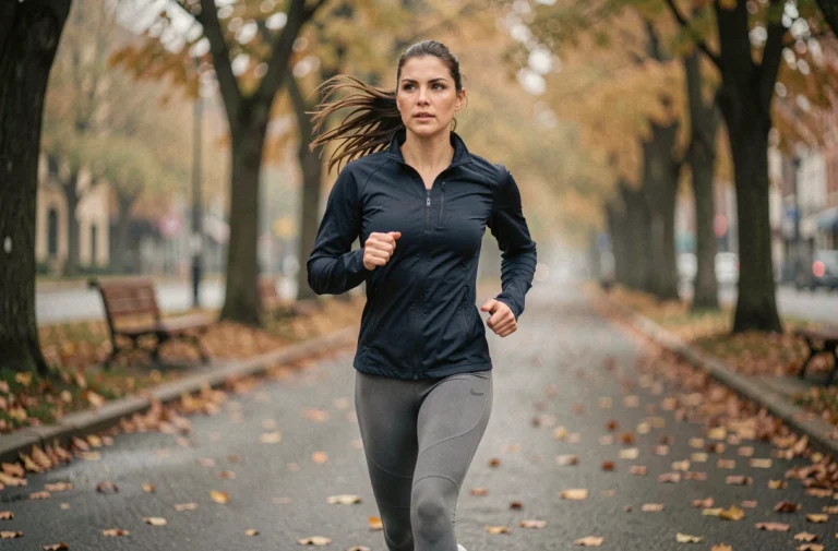 Femme en tenue de sport qui court sur un chemin urbain entouré d'arbres en automne, illustrant la passion du running au quotidien