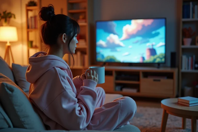 Jeune femme regardant une série animée en streaming sur son canapé avec une tasse de café