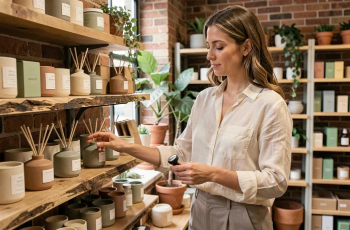 Femme parcourant une boutique bien-être avec des produits naturels de soin sur des étagères en bois