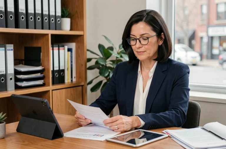 Femme consultant des documents financiers et une tablette dans un bureau à domicile moderne pour trouver des solutions de crédit adaptées