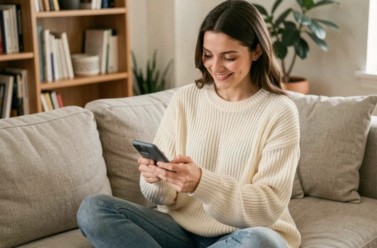 Jeune femme souriante qui lit des SMS romantiques avec des emojis sur son smartphone dans son salon