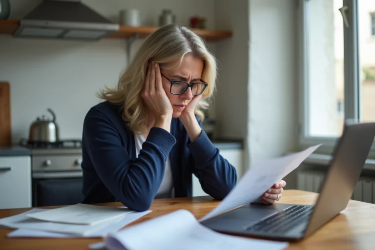 Femme de 45 ans stressée consultant des documents administratifs France Travail sur ordinateur portable à une table de cuisine encombrée de papiers