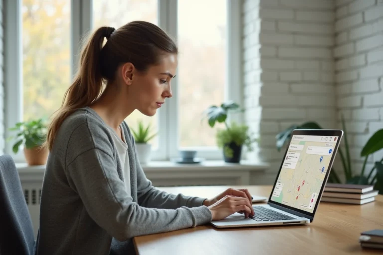 Femme utilisant la plateforme Rabitfinder sur un ordinateur portable dans un bureau à domicile minimaliste