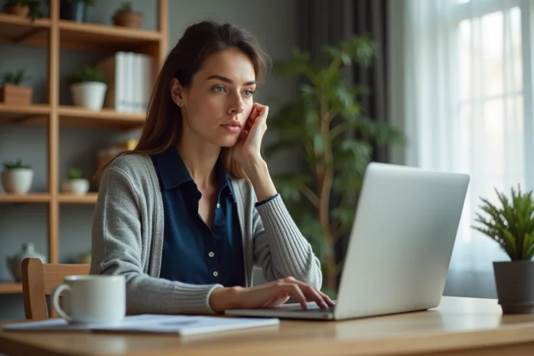 Femme consultant des photos sur un ordinateur portable dans un bureau à domicile, illustrant les bonnes pratiques de partage de photos en ligne